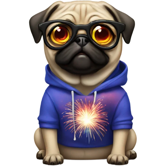 Pug with fireworks cool hoodie and glasses emoji