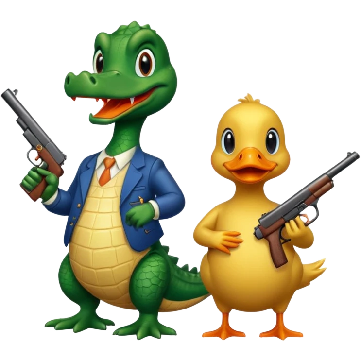 Alligator and a duck holding a gun emoji