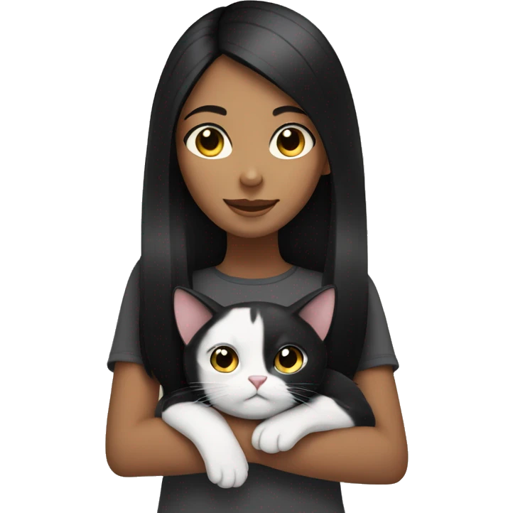 girl with black hair holding a black and white cat emoji