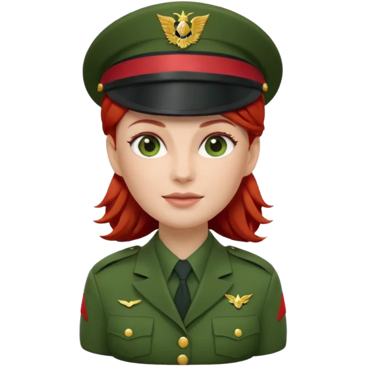 iOS Memoji style, white woman, red hair, green military officer uniform, peaked cap, 3D render, white background. emoji