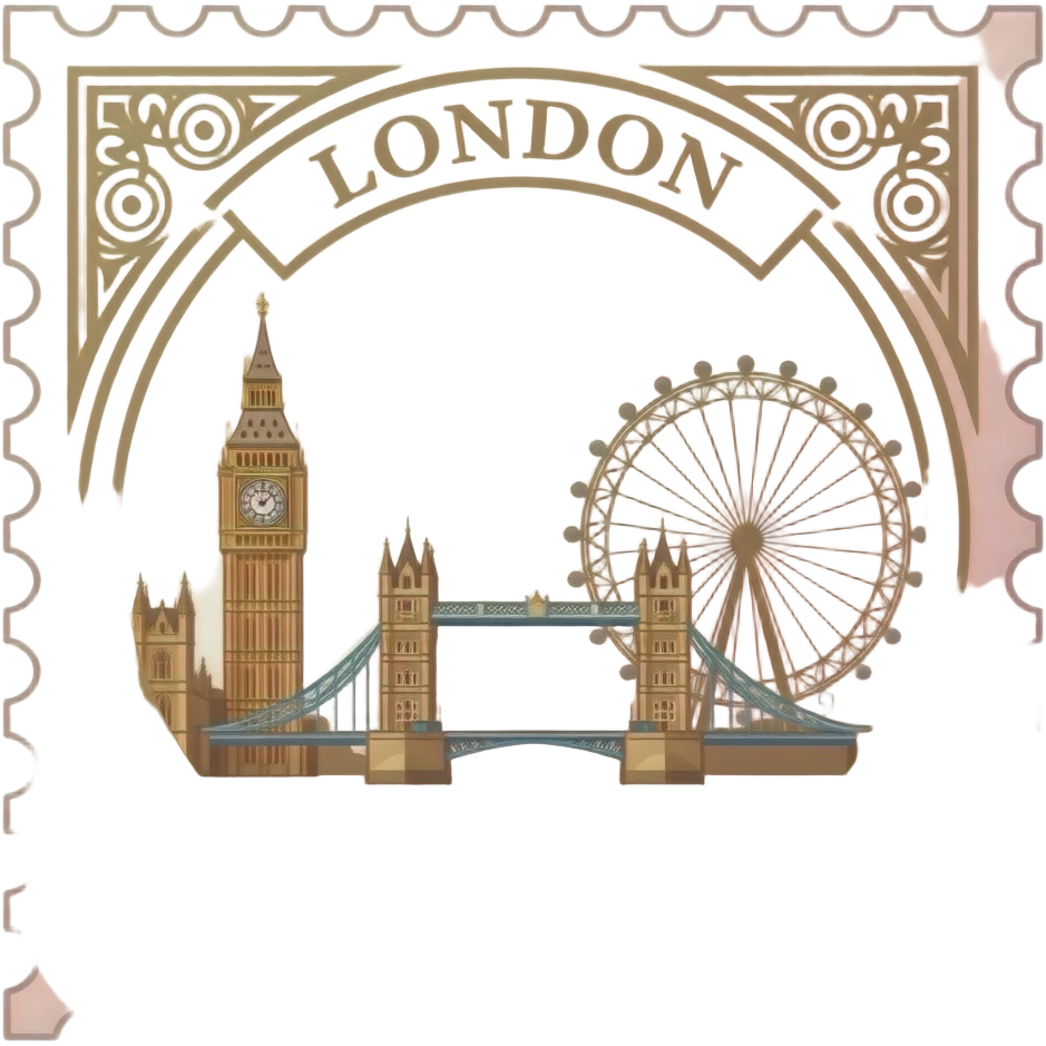 Elegant London passport stamp design, isolated, centered, no background, blush pink and gold, refined travel luxury aesthetic emoji