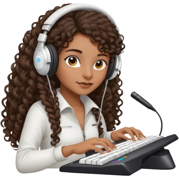 Brown skin Spanish girl with long dark curly hair, wearing a white gaming headset and playing on keyboard with a gaming mouse in one hand emoji