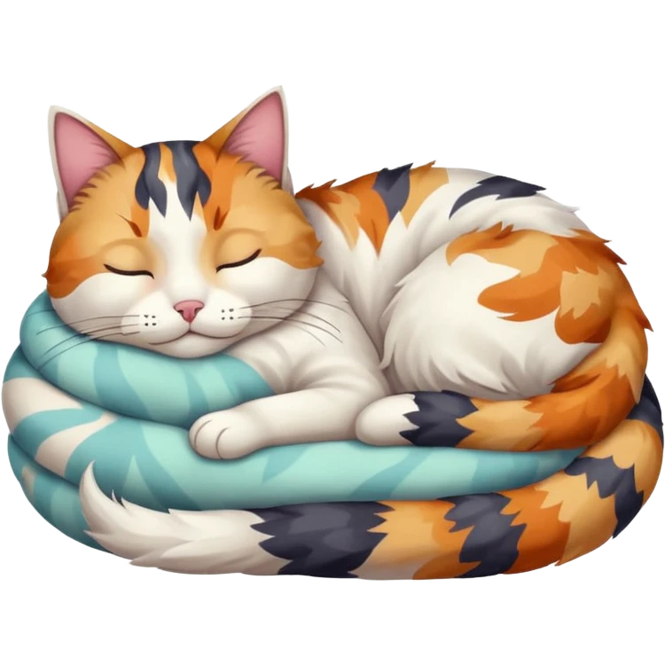 full body colourful light patched calico + white tabby cat sleeping emoji