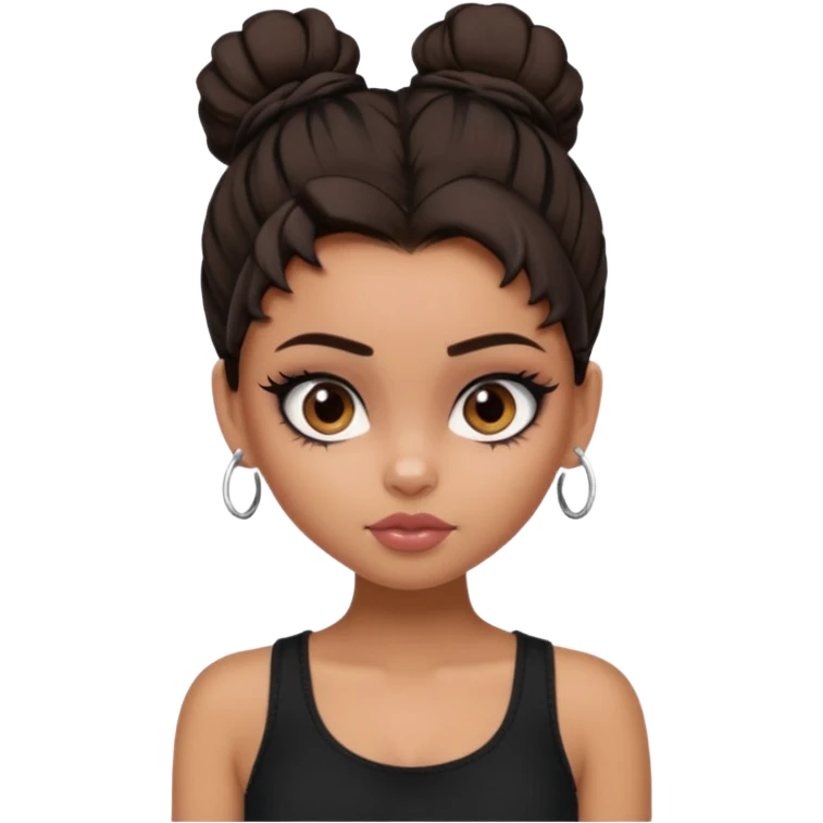 generate a pretty bratz girl in black cami top, dark brown messy bun, eyeliner on. dark brown eyes. NO EARRING emoji
