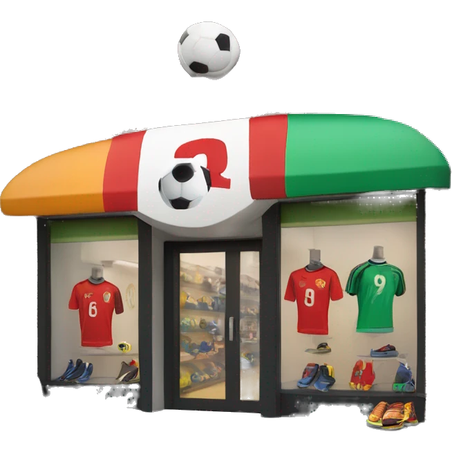 “Soccer store exterior with bold signage, large windows showcasing football gear, jerseys, and accessories, and a dynamic, athletic design reflecting the energy of the sport.” emoji