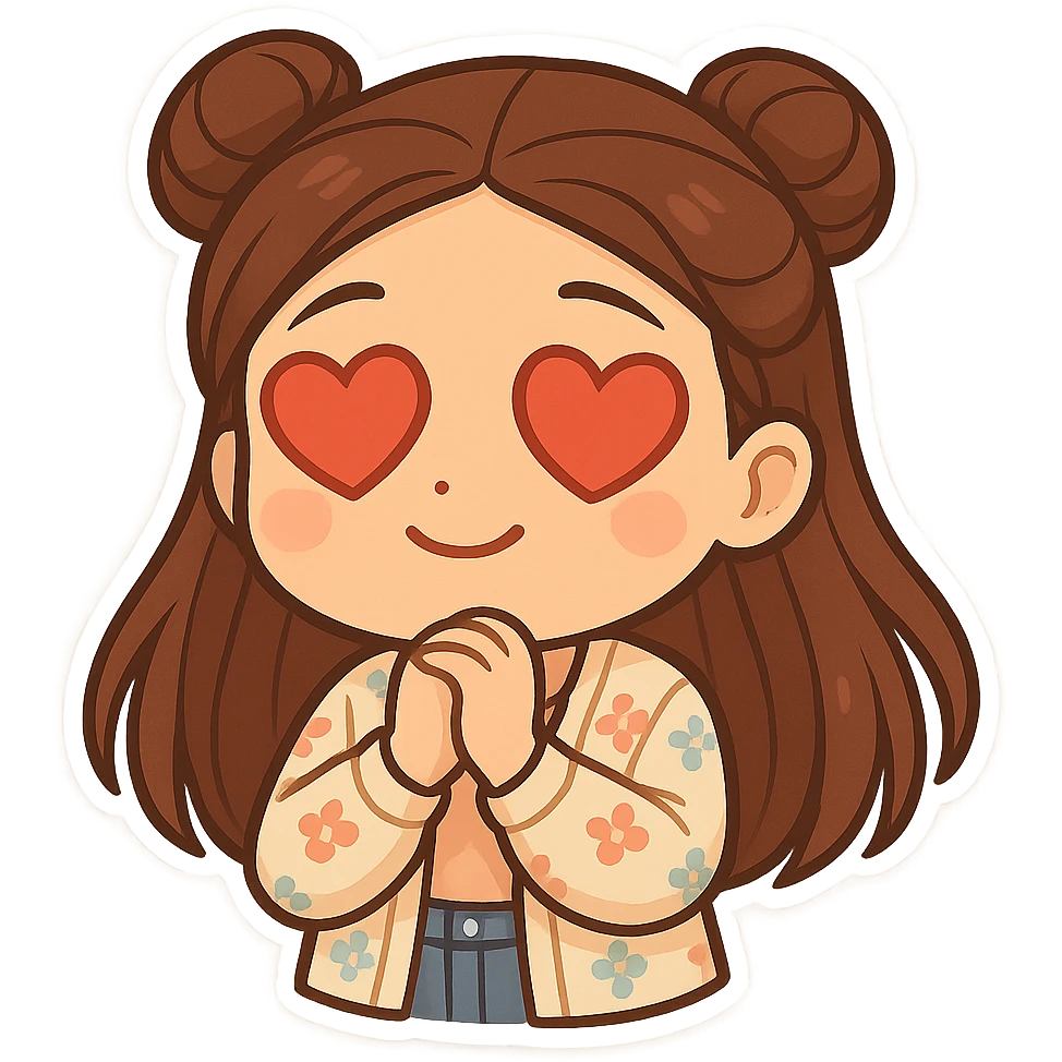 Create a chibi sticker of the girl from the reference image. She has brown straight hair styled in double buns, brown eyes, wearing a pastel floral cardigan and jeans. The expression is in love with heart eyes. The sticker should have a white outline and a transparent background, sized 512x512px. emoji