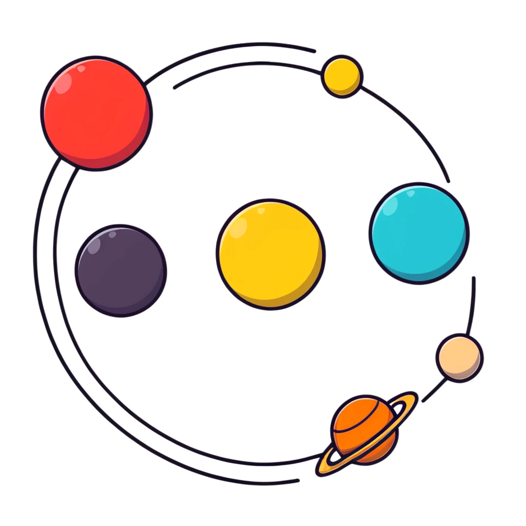 Solar system with planets in the shape of hearts orbiting around a sun, cute colorful heart planets emoji