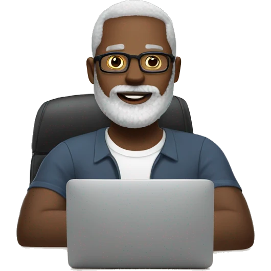 Black man with white beard sitting at office computer  emoji