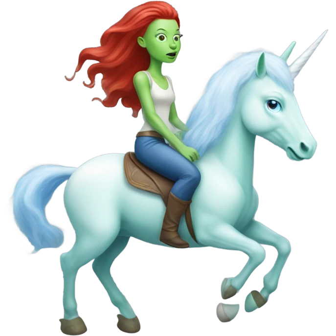 [(a light green Amazon alien woman with red hair with blue eyes) on a (four-legged white unicorn with a light blue mane)] emoji