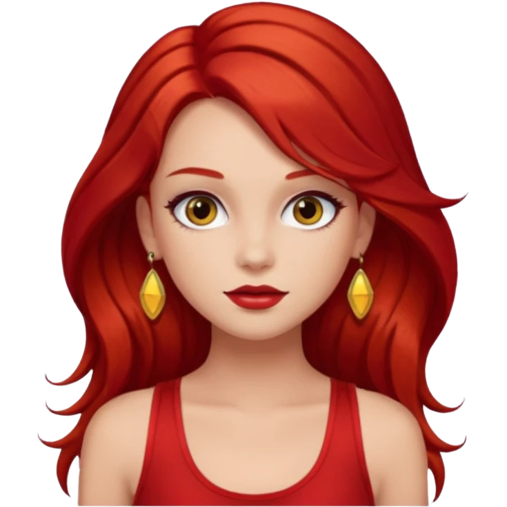 girl wearing red tank top, brown long hair, glam make up, have a red hair clip EMOJI emoji
