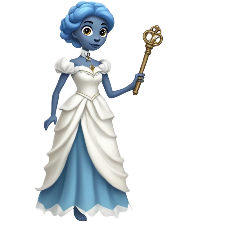 elf blue woman login holding a big key in white victorian dress, full body emoji