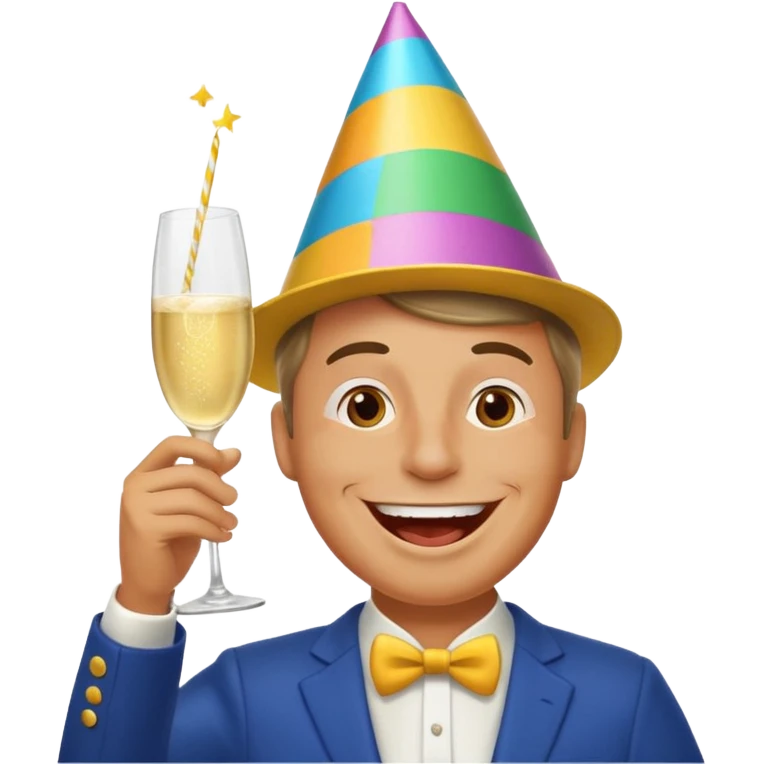 A happy man in party clothes laughs while drinking champagne straight from the glass. emoji