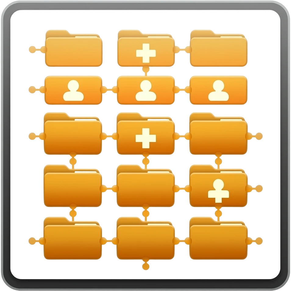 Modern icon of a digital tablet screen showing organized medical folders and data nodes. Represents smart archiving and resource management. Professional flat vector style, vibrant amber and orange tones, clean white background. emoji