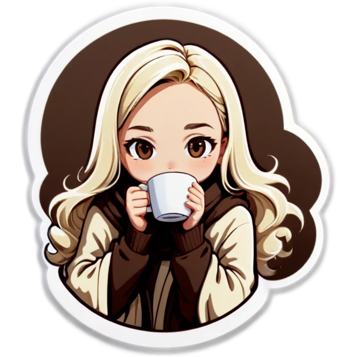 Blonde girl wearing a light blonde blanket. Drinking coffee. Long wavy brown hair. emoji