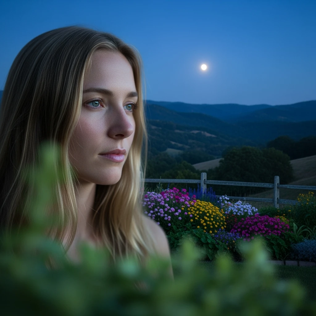A portrait of a white person in the foreground, blurred plants in the foreground, a wooden fence and colorfull flowers in the midground, rolling hills in the background, cinematic depth of field, layered composition, moon back light (Blue night) emoji