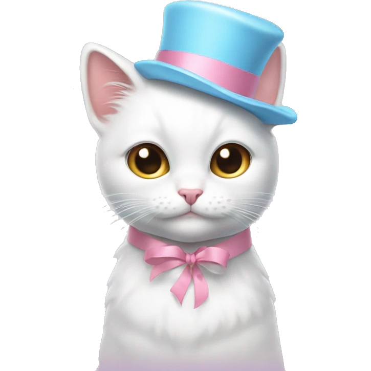 Hot and dizzy white cat wearing a sky blue ribbon on her head, and her chick is pink emoji