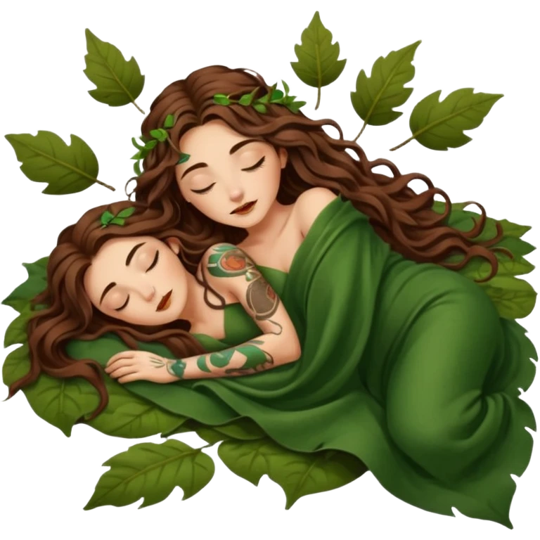 sleepy moon druid woman long wavy brown hair tattoos in leaf blanket emoji