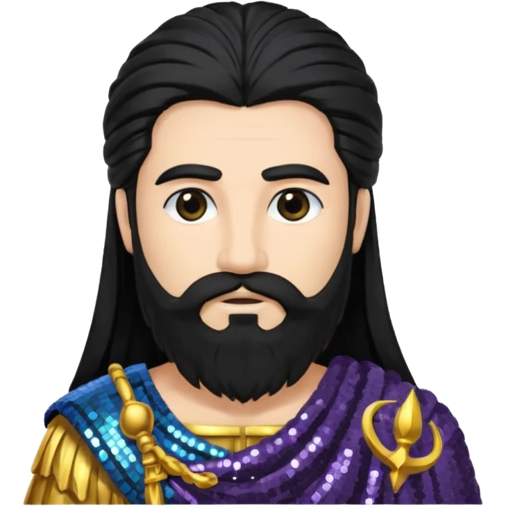 Saturn Time God with long black hair and beard, dark grey sequin toga emoji