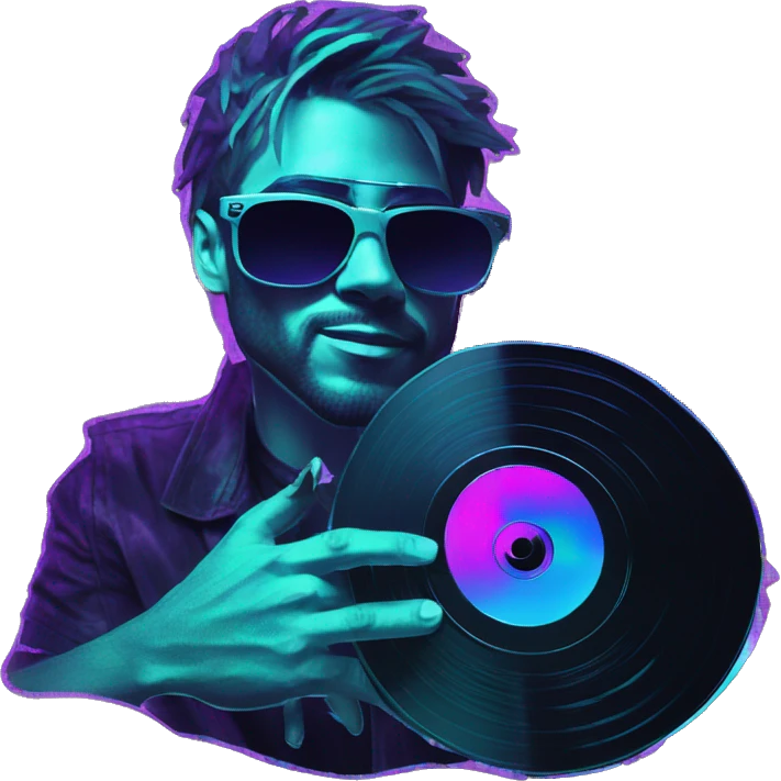 A dj wearing sunglasses playing music holding a cd record record, vinyl, oilslick holographic blacklight inverted graffiti dark dull emoji