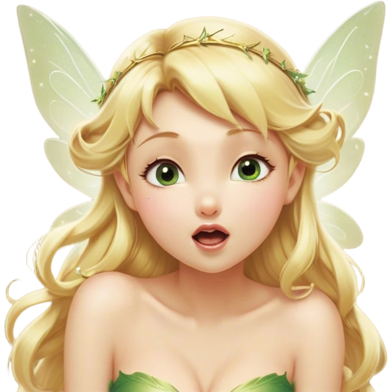 Cinematic Realistic Blonde Tinker Bell Fairy Portrait, head tilted slightly with a dramatic, wide-open yawn, revealing a tender, drowsy visage with intricately detailed golden blonde hair and softly shimmering wings gently drooping. Her sleepy, sparkling eyes exude a dreamy, ethereal charm, while the soft natural light and high shine emphasize every delicate detail—capturing the essence of an enchanting fairy drifting into a magical slumber. emoji
