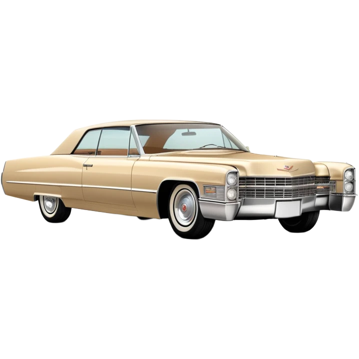 Clean-lined beige 1966 Cadillac DeVille, very minimalistic approach, 30-degree perspective, simplified iconic silhouette, Once Upon a Hollywood vehicle, iOS emoji style emoji