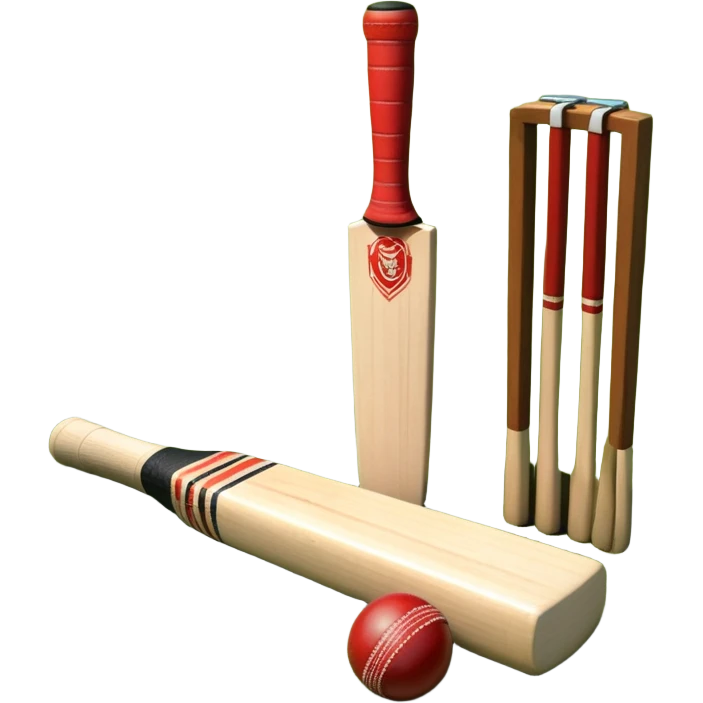 A cricket bat and ball resting on a well-manicured pitch, with the stumps and bails in the background. The scene emphasizes the traditional elements of the game, with the bat poised for a shot and the field reflecting a calm, competitive atmosphere. emoji