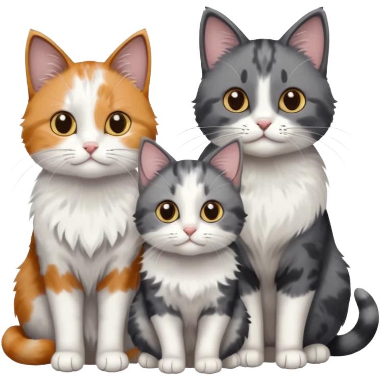 3 different coloured small cats including a dark grey and white, and a patchy calico and a solid grey with only white paws emoji