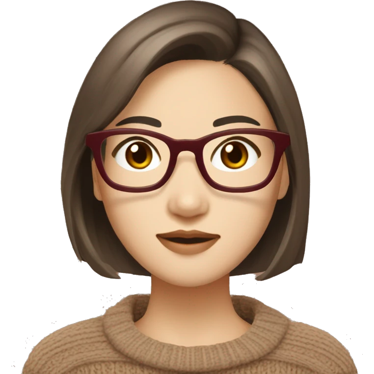 a young pretty asian woman, light brown short hair, brown eyes, dark red knit sweater, textured bob, asian,glasses, pretty eyelashes,pale skin emoji