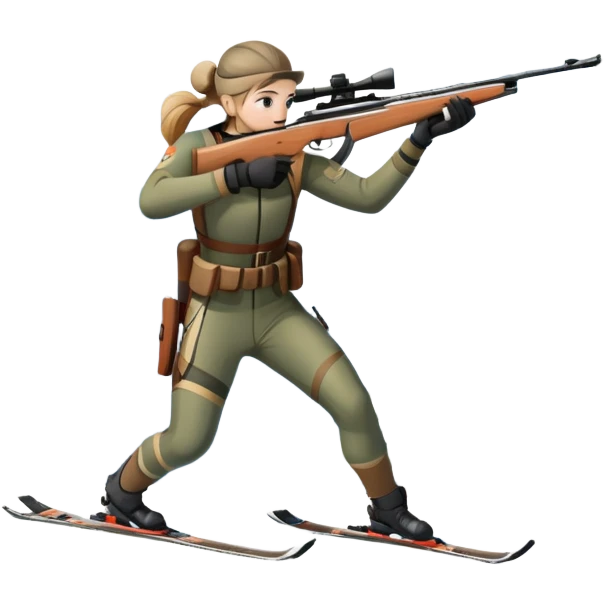 An icon showing a snowy landscape with pine trees, mountains, and a clear sky with a biathlete aiming a rifle in the foreground, wearing winter gear and skis. Transparent background emphasizes the precision, endurance, and beauty of this winter sport. emoji