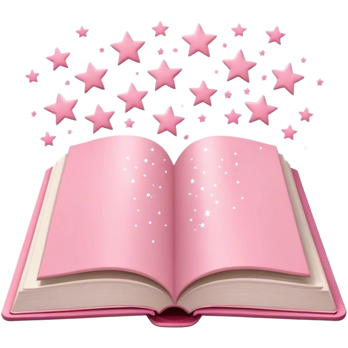 Un livre de couleur rose poudre minimaliste ouvert avec des étoiles scintillantes qui en sortent  emoji