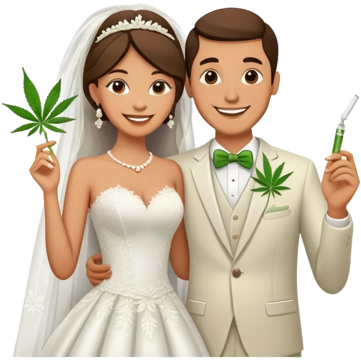 Newlywed couple, bride and groom, full body, sharing a cannabis joint at wedding emoji