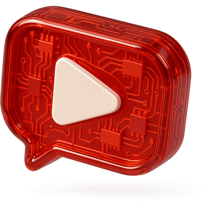 red speech bubble with inside a big red YouTube white play button, very glossy circuit style, transparent emoji