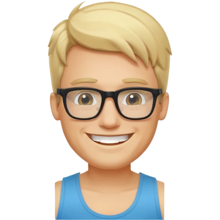 portrait of man, wearing a tank top, square glasses, grinning face, blond hair emoji