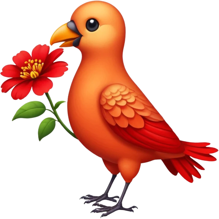 A bird carrying a red flower emoji