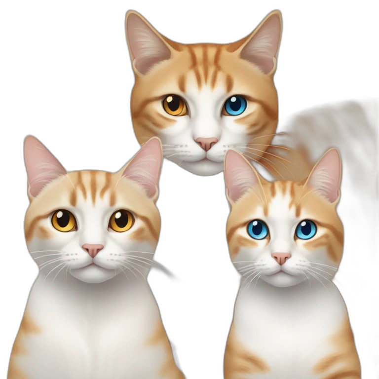 three cats sitting together, one lynx siamese cat with blue eyes, one orange and white tabby cat with yellow eyes, one orange cat with orange eyes emoji