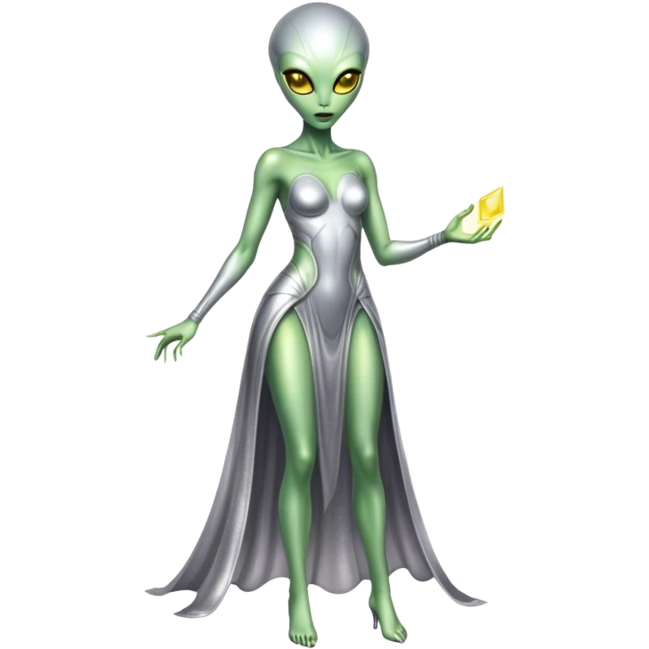 alien woman light green skin in silver dress Yellow eyes, full body  emoji