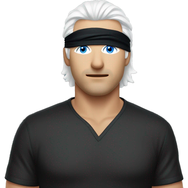 Man with white hair and blue eyes but he has a blindfold on but he’s revealing one of his eyes under the blindfold and he’s wearing a black shirt. emoji