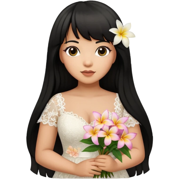 Latina girl with bangs black long hair plus size lace wedding dress with plumeria bouquet emoji