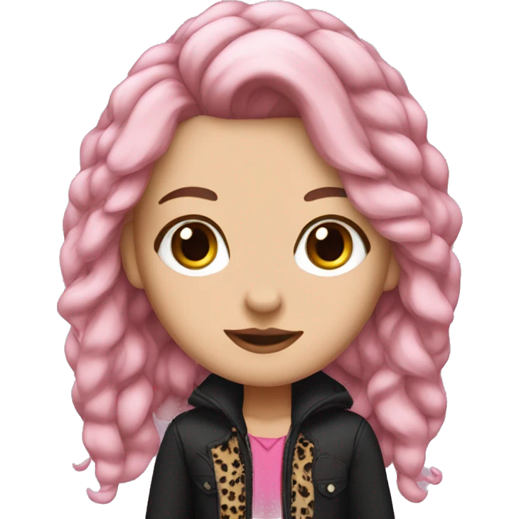 A WHITE GIRL WITH LONG EYELASHES, BLACK AND PINK HAIR AND A JACKET OF LEOPARD AND BLACK SHIRT  emoji