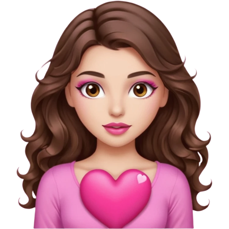 girl with long wavy brown hair, brown eyes, long lashes makeup, sexy pink lips, light to medium complexion, wearing a pink sexy top, squeezing a big heart emoji
