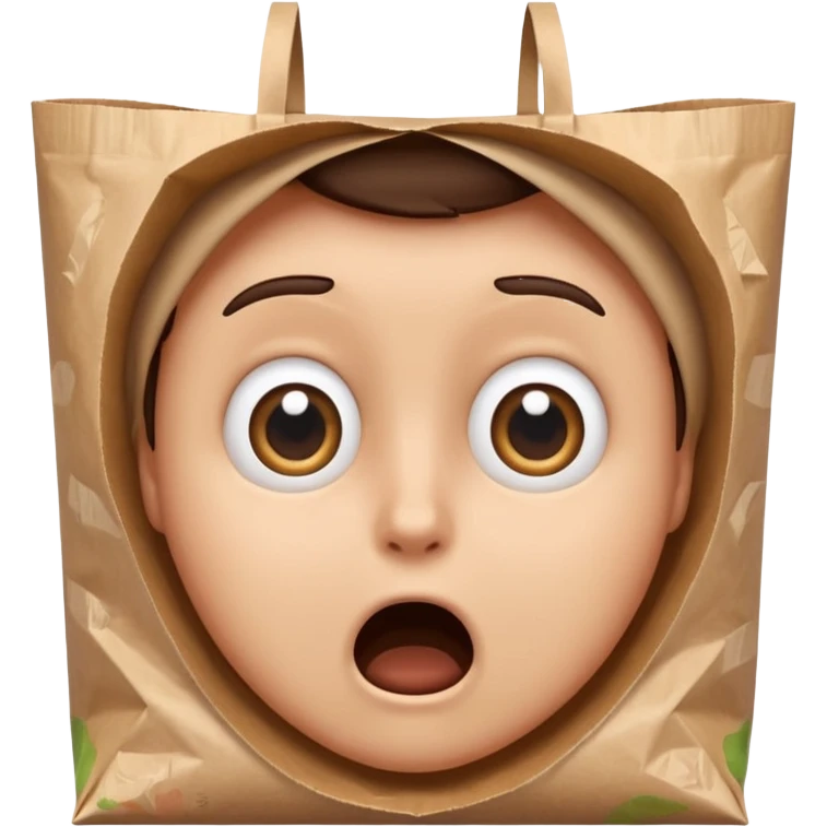 typical iOS emoji style face, wide eyes, breathing anxiously into a brown paper bag, panic expression emoji