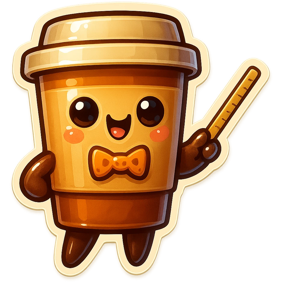 Tall coffee cup, pointing with ruler, dressed as a teacher, cat bowtie emoji