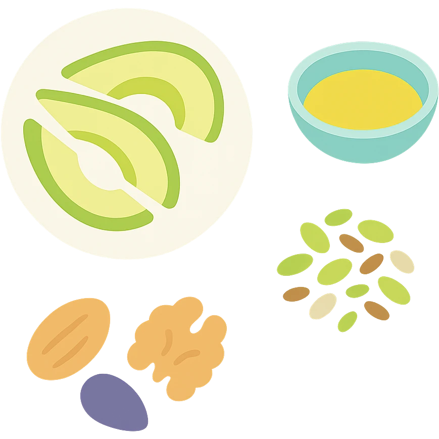 plate with avocado slices, assorted nuts, small dish of olive oil, and mixed seeds emoji