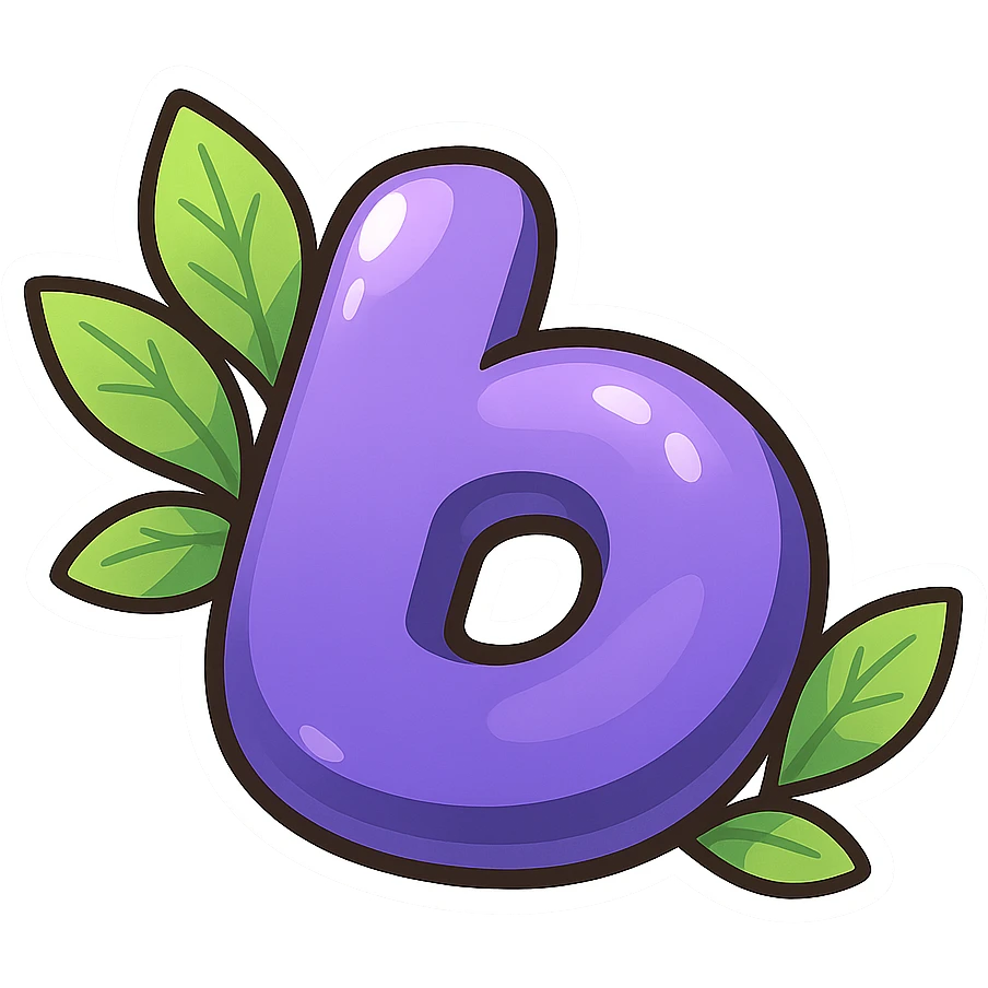 plump vibrant Boosty logo cartoon style purple b without lightning bolt cutout bold outline expressive shadows glossy highlights no background bright leaves arranged neatly behind logo one side slightly higher other slightly lower not symmetrical emoji