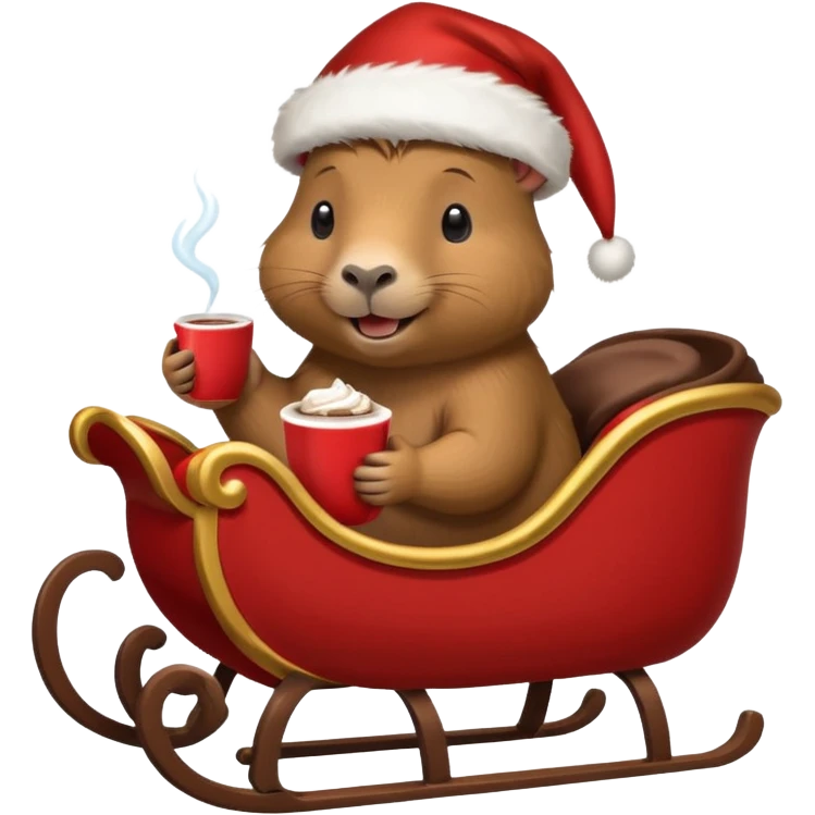 capybara wearing a santa hat, holding a cup of hot cocoa in a sleigh emoji