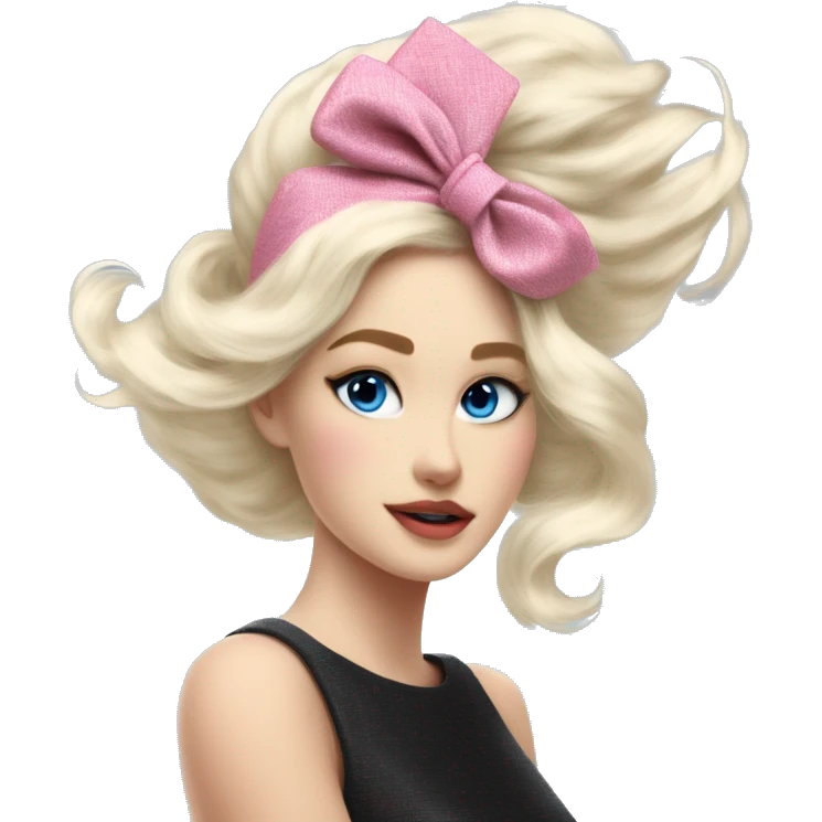 a beautiful young woman with platinum blonde hair, ocean-blue eyes, and a chanel pink tweed with chanel headband, exudes allure as she combs her hair gracefully in the wind. emoji