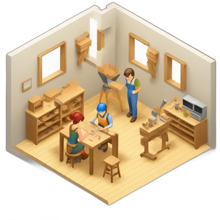 isometric square transparent solid outline containing indoor woodshop people actively working emoji