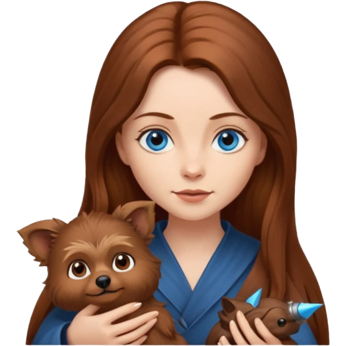 long hair chestnut color blue eyes woman holding small pointy ear ewok dog emoji