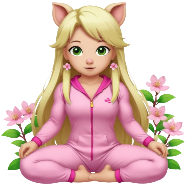 sexy and muscled, full body, in pink kegurumi pig pijamas, sexy girl, long blond hair, beautiful green eyes, makeup, earrings, muscled, surrounded by pink flowers and sakura petals emoji