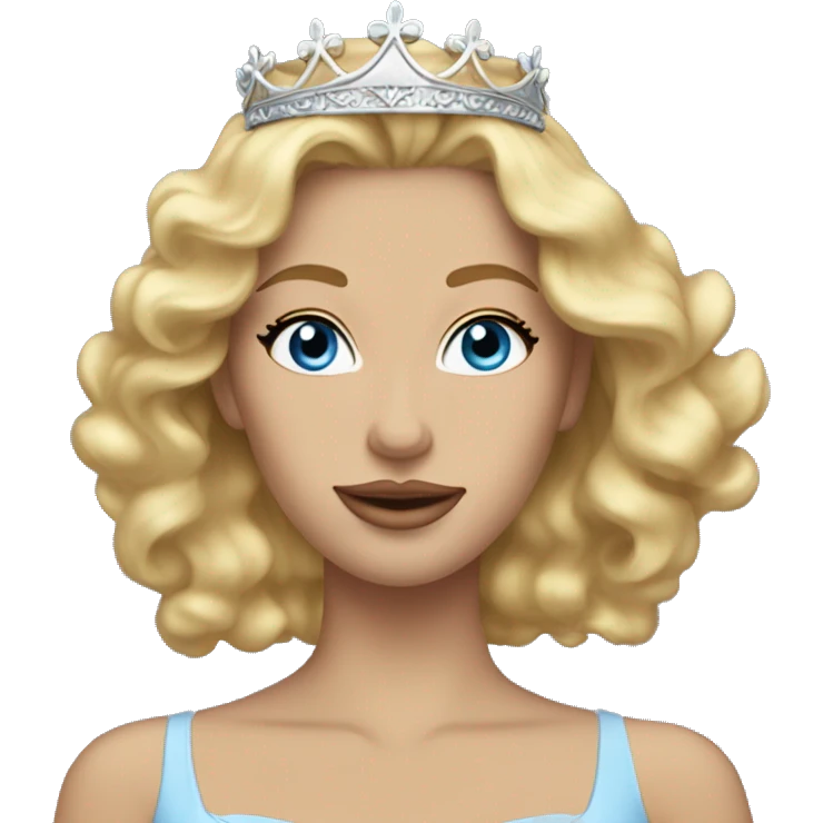 a woman with blonde wavy hair and silver crown on her head, blue eyes, wearing a long light blue ballgown emoji